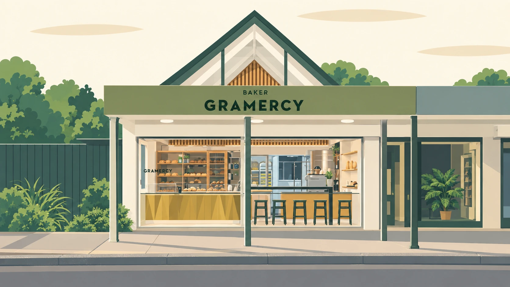 Berhampore illustrated: the Baker Gramercy shopfront on Adelaide Road, with its green sign and a bench outside.