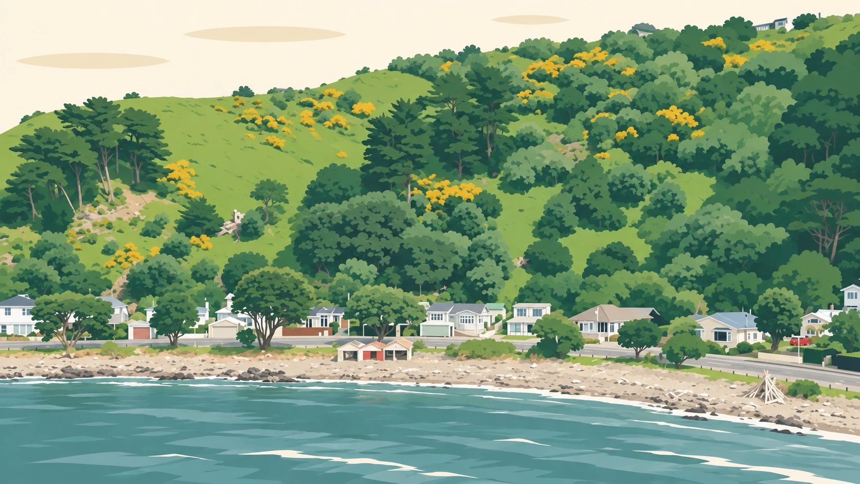 Breaker Bay illustrated: the bay from the hill, with the beach, the rocks and the houses along the shore under the gorse-covered slopes.