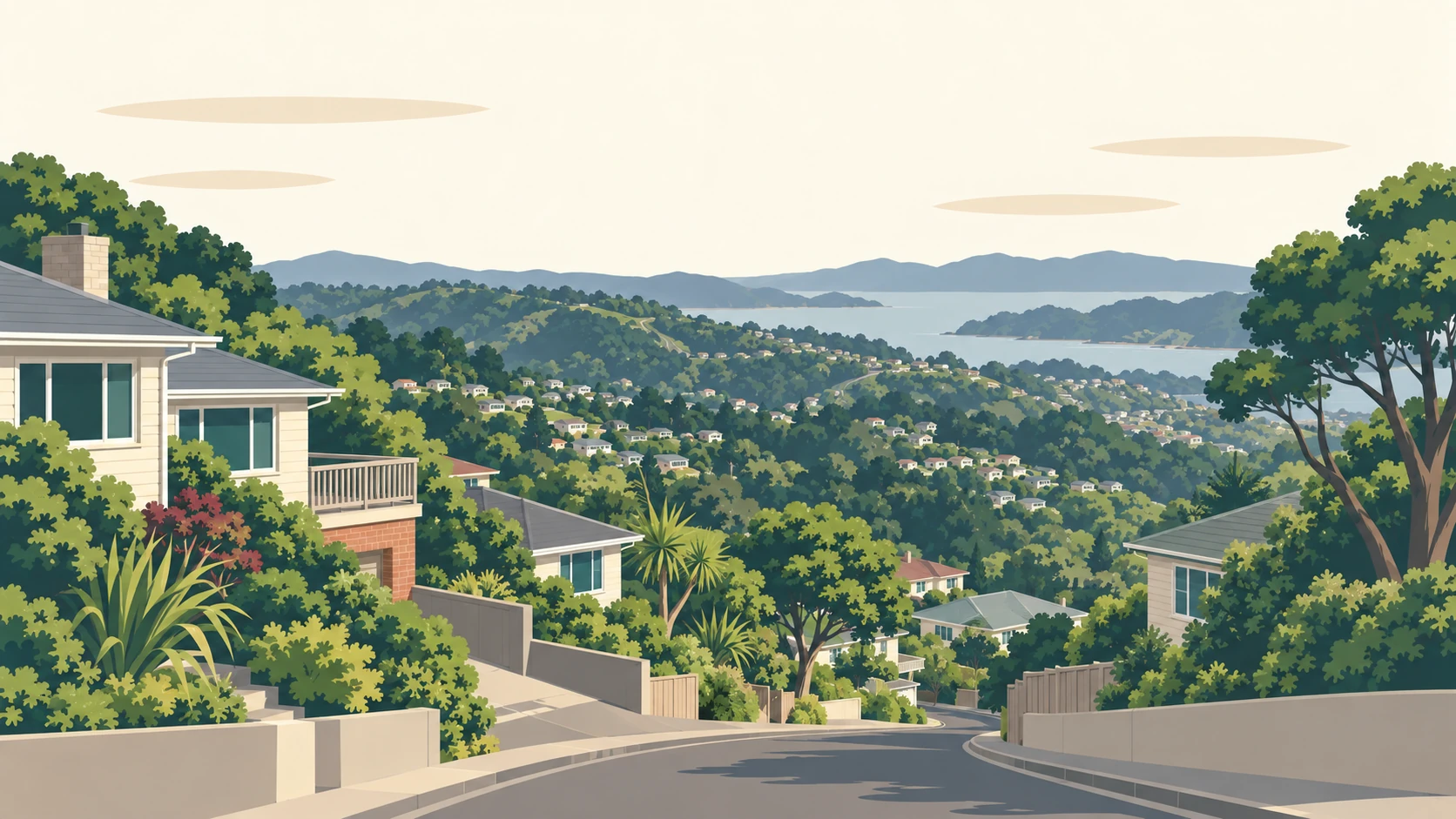 Broadmeadows illustrated: houses along a high ridge with the harbour and its hills laid out in layers behind them.