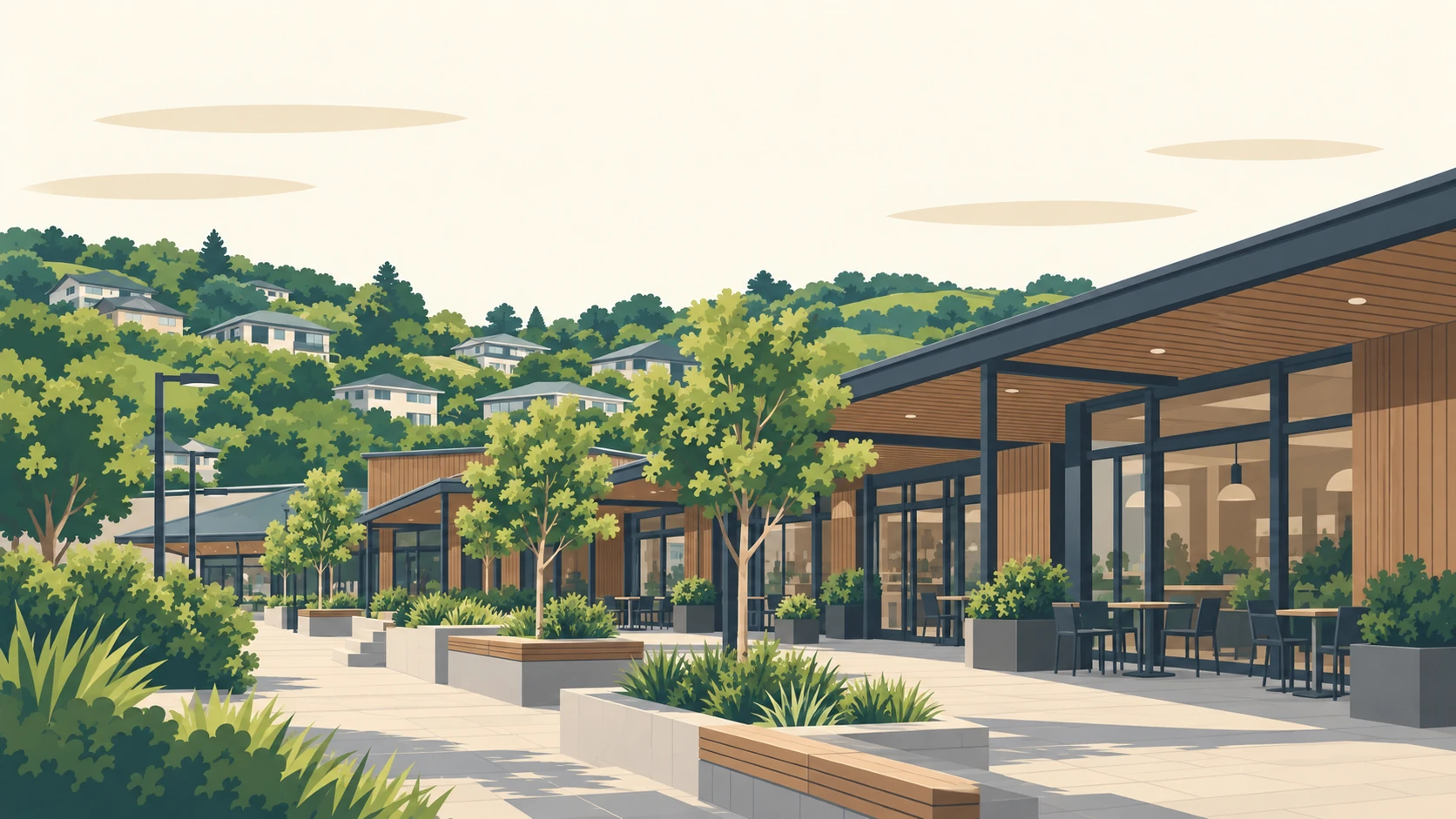 Churton Park illustrated: the village shops with a timber-clad frontage and a small plaza in front, an interpretive view of the centre on Lakewood Avenue.