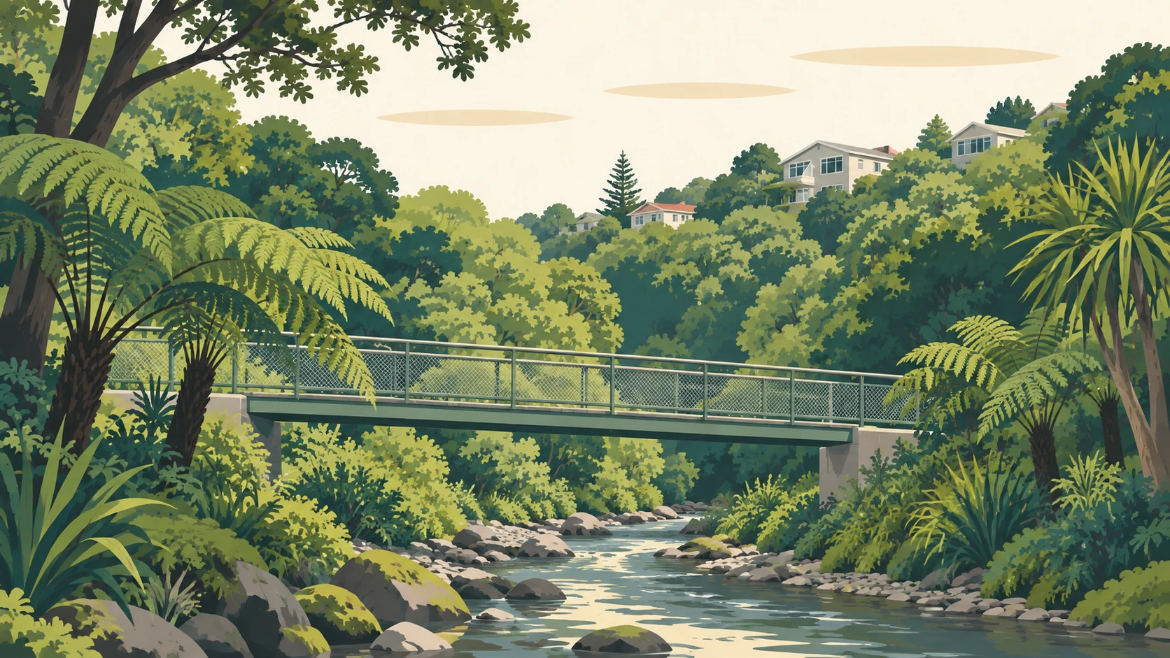 Crofton Downs illustrated: a footbridge over the stream in Trelissick Park, with bush on both banks.