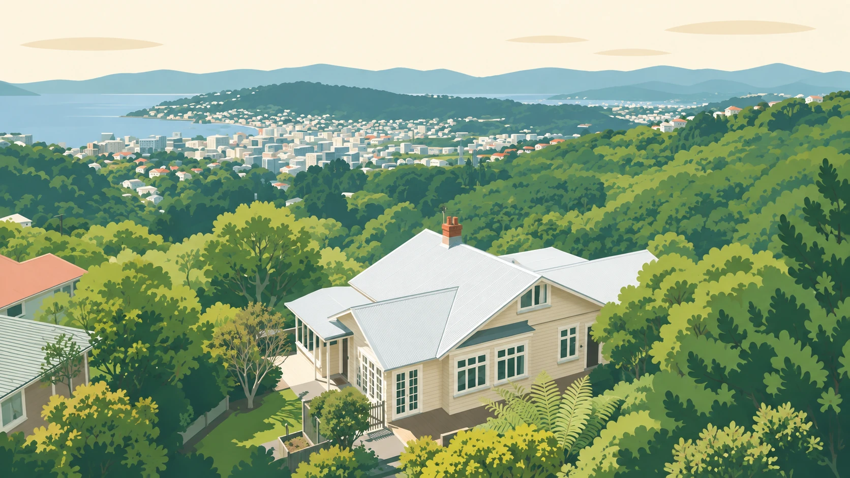 Highbury illustrated: a character home in the bush on the ridge, with the harbour and the city beyond.
