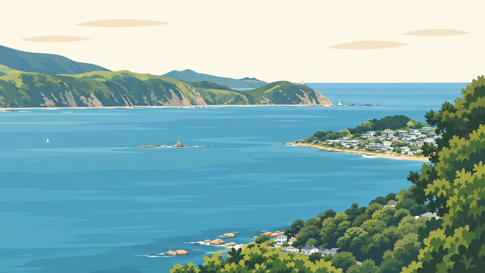Karaka Bays illustrated: the harbour entrance from the hill, with the bays along the shore and the Eastbourne hills across the water.