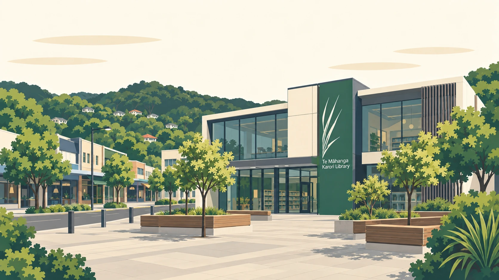 Karori illustrated: Te Māhanga Karori Library and the plaza in front of it, with the green entrance panel and the village behind.
