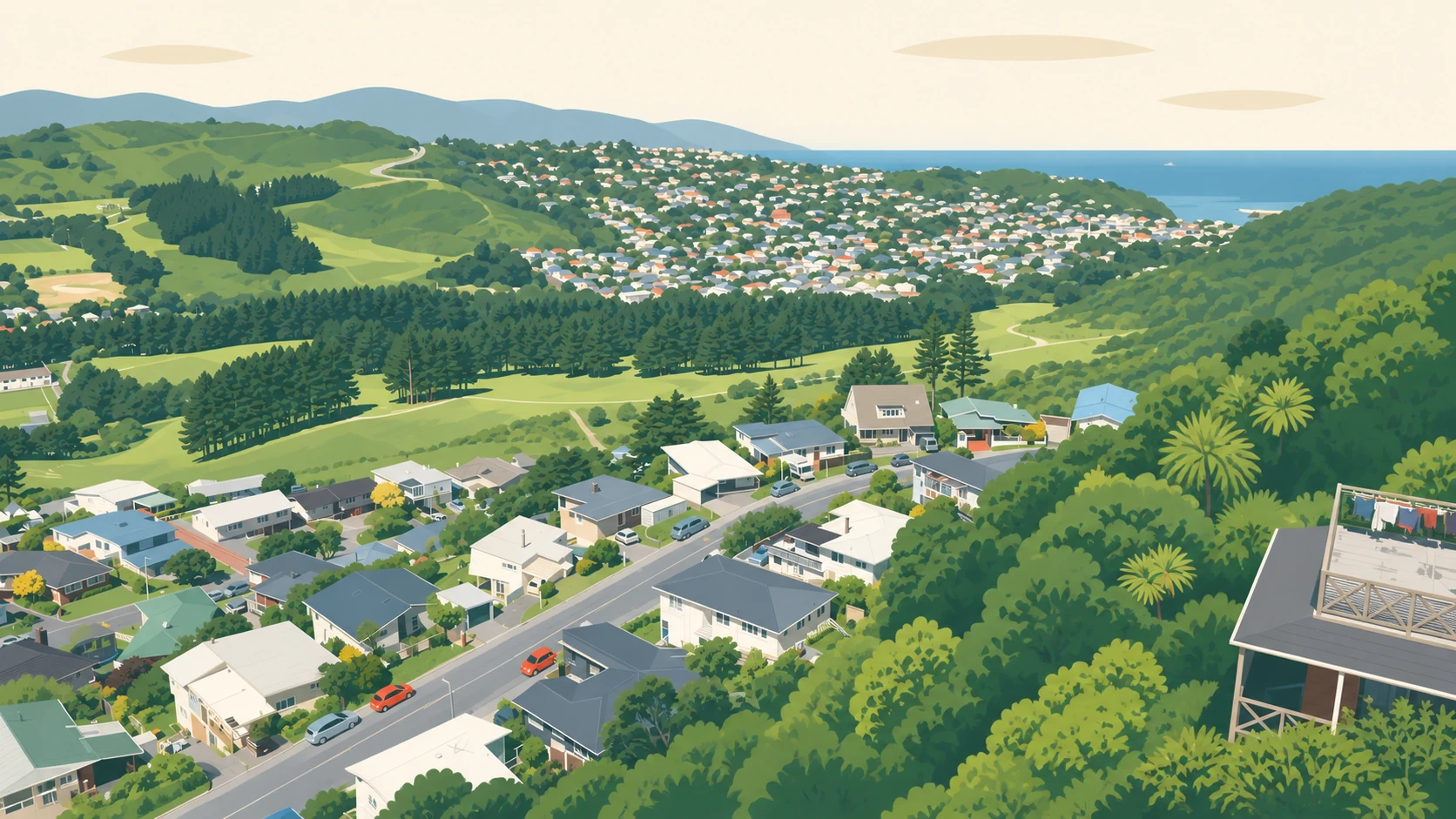 Kingston illustrated: the hillside streets and the mid-century homes below the ridge, with the golf course and the sea beyond.