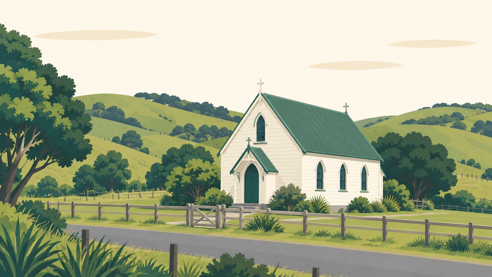 Mākara illustrated: the small green-roofed St Patrick's Church behind its white picket fence, with the farmed valley and the hills around it.