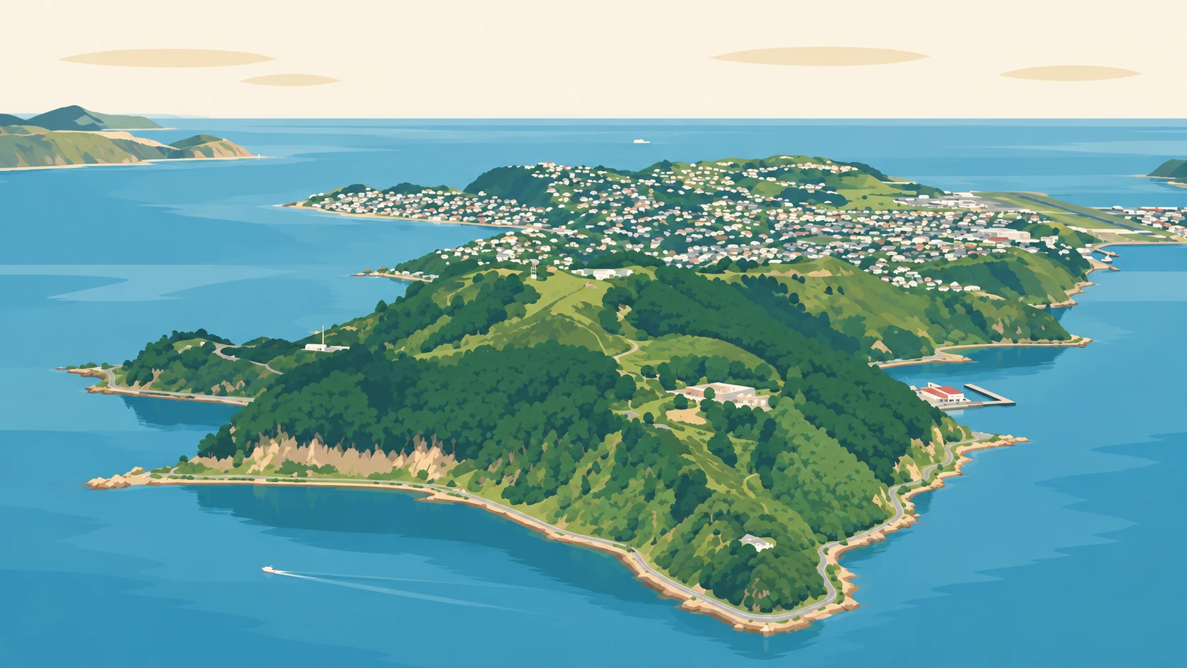 Maupuia illustrated: the north end of the Miramar Peninsula from above, with Mount Crawford, Shelly Bay and the harbour on three sides.