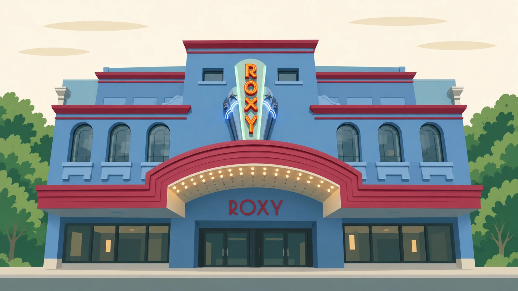 Miramar illustrated: the art-deco front of the Roxy Cinema on Park Road, with its neon sign and marquee.