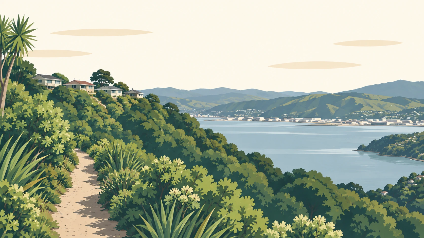 Newlands illustrated: the Te Ara Paparārangi track along the harbour escarpment, with regenerating bush beside it and the harbour and the Hutt Valley across the water.
