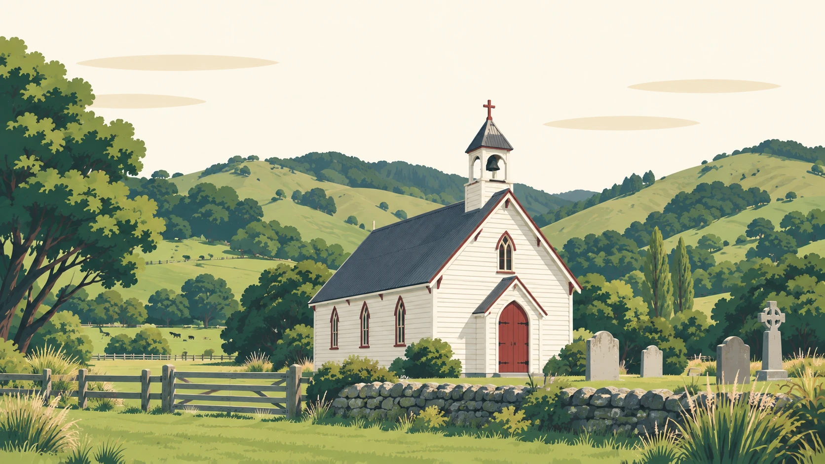 Ōhāriu Valley illustrated: the small timber Holy Trinity Church with its bell turret, standing in the farmed valley with the hills rising behind.