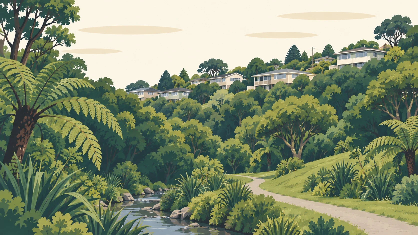 Paparangi illustrated: the bush gully of Seton Nossiter Park with hillside homes along the top of the slope, an interpretive reserve scene rather than a particular street.