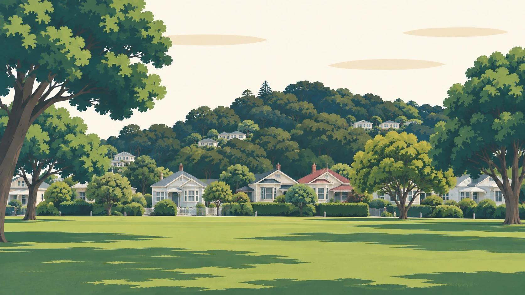 Rāroa illustrated: the open green of Rāroa Park with modest houses along one side and a wooded slope rising behind.