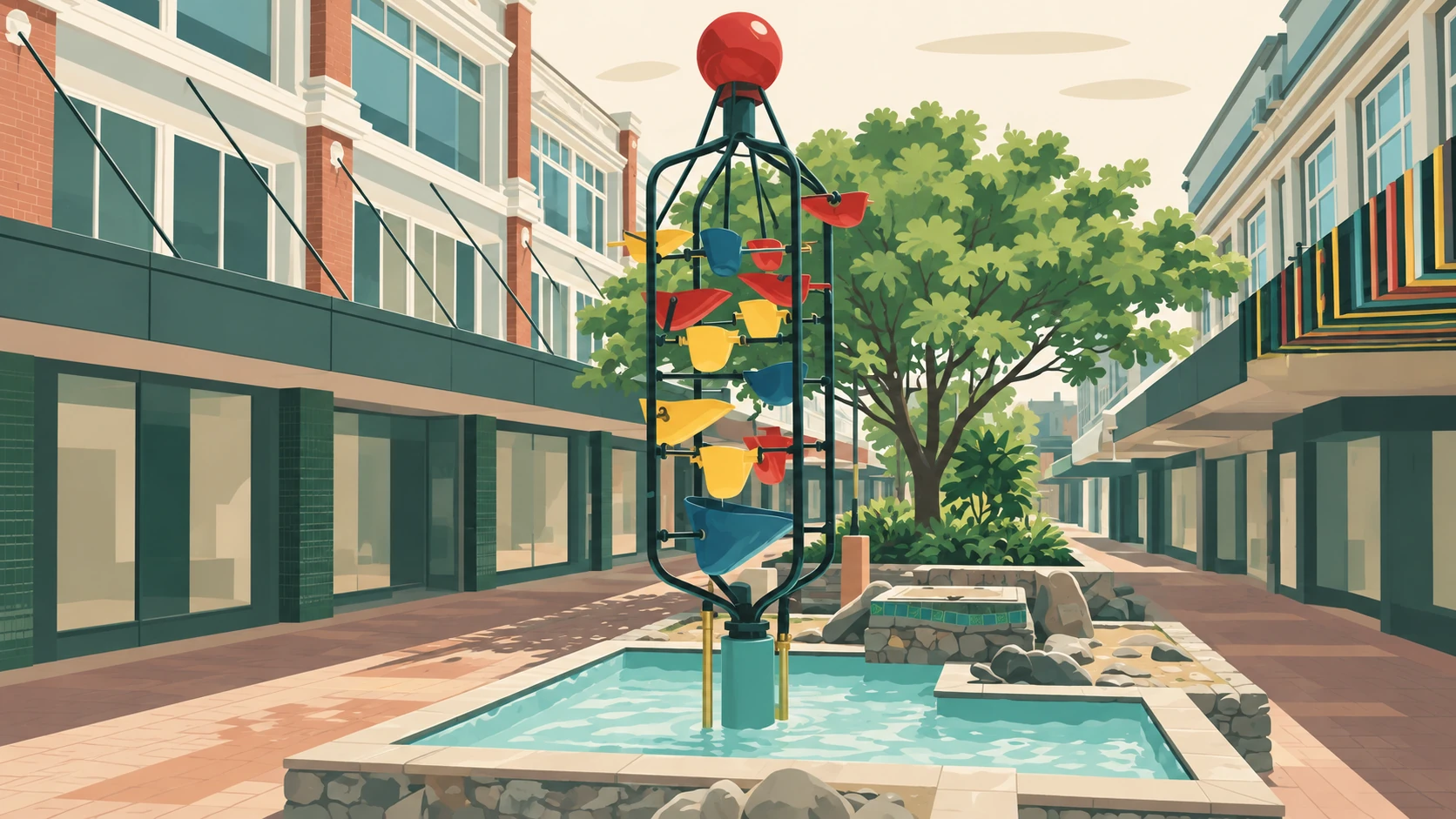 Te Aro illustrated: the Bucket Fountain on Cuba Street, with the shopfronts either side of the mall.