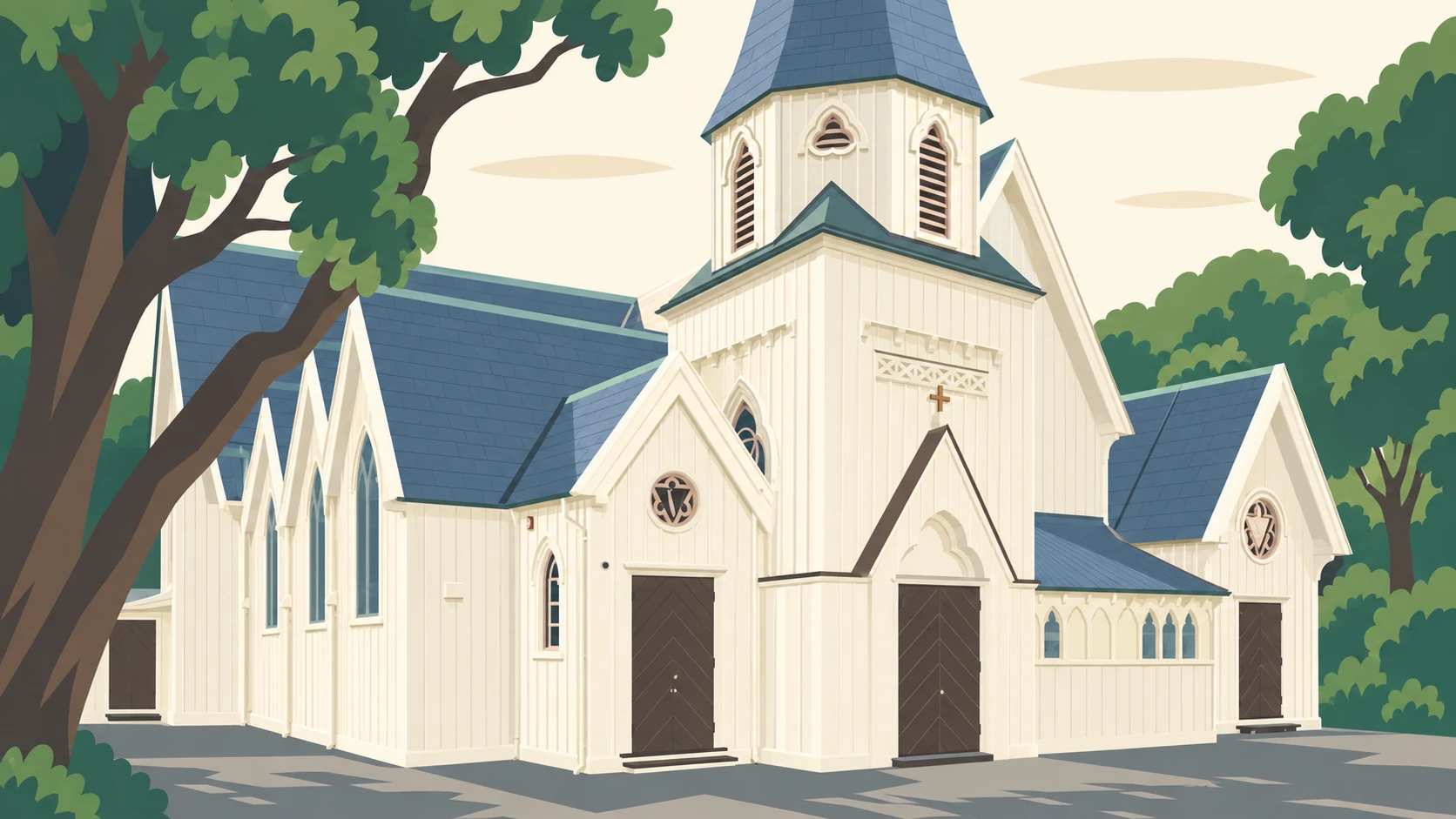 Thorndon illustrated: Old St Paul's on Mulgrave Street, the timber church with its spire under the trees.