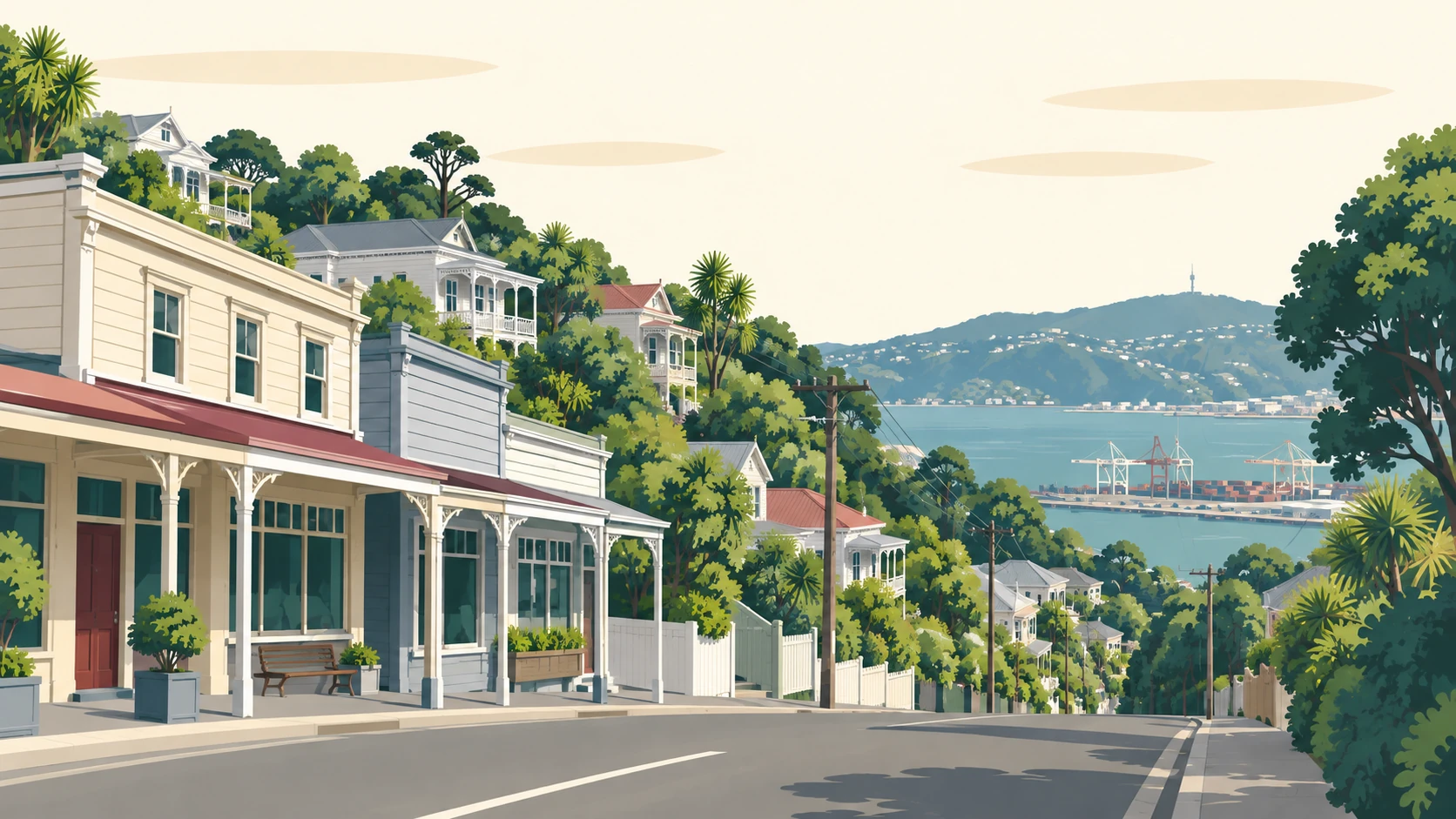 Wadestown illustrated: a ridge of villas looking out over the harbour and the port below.