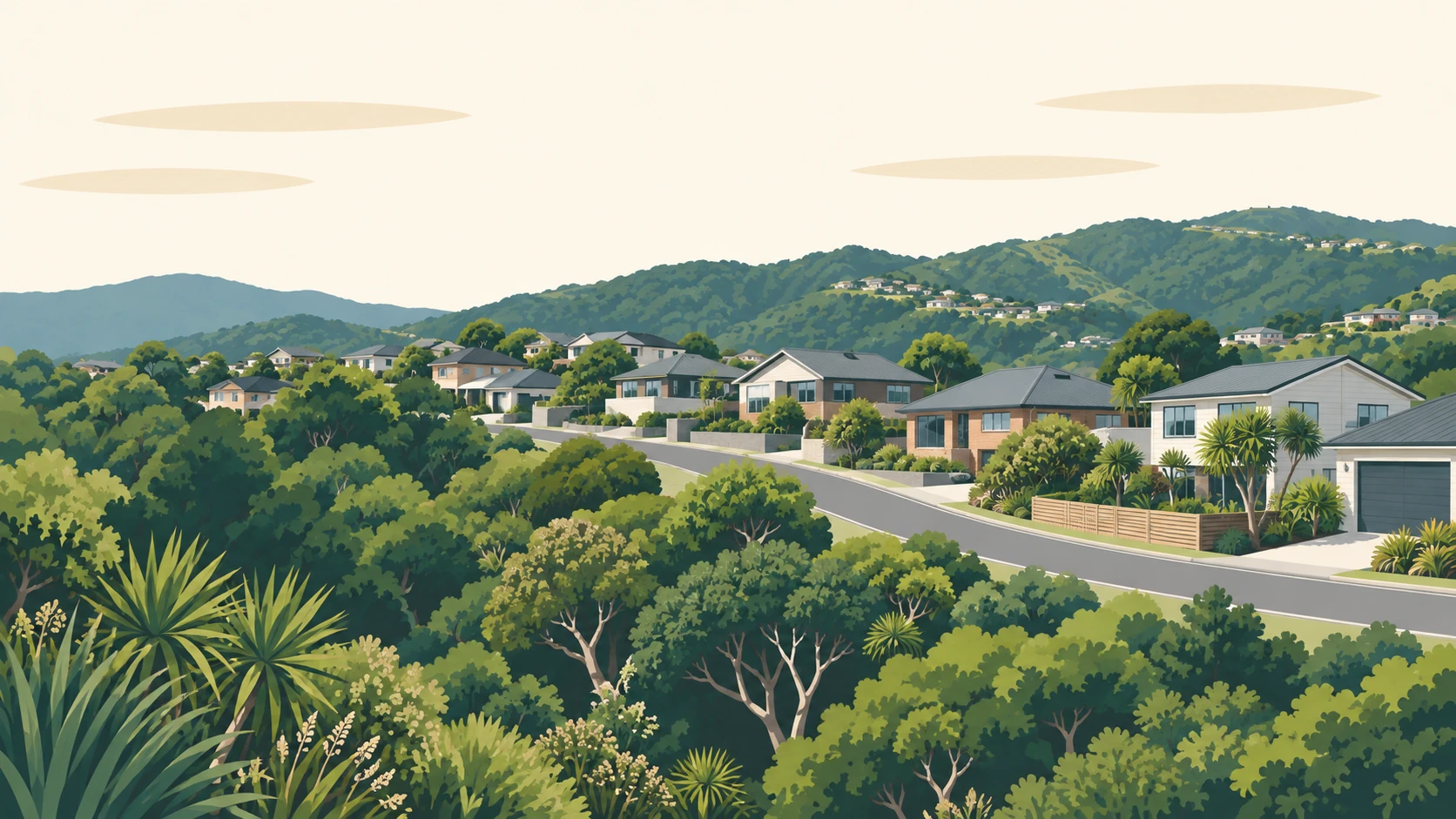 Woodridge illustrated: contemporary homes along a bush-covered ridge, with a transmission mast on a far hill behind them.